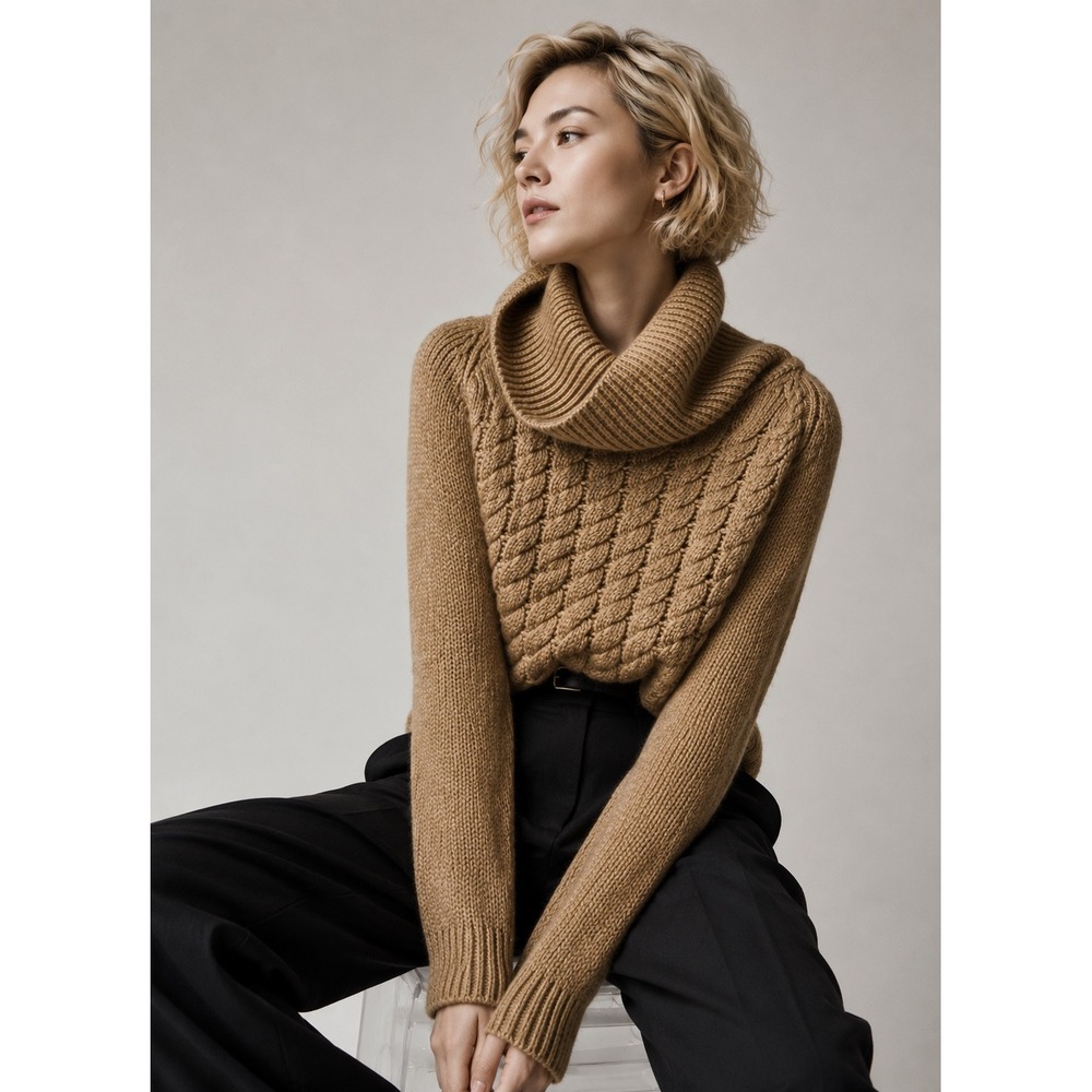 Massimo Dutti Alpaca Wool Blend Cable Knit Turtleneck Sweater S